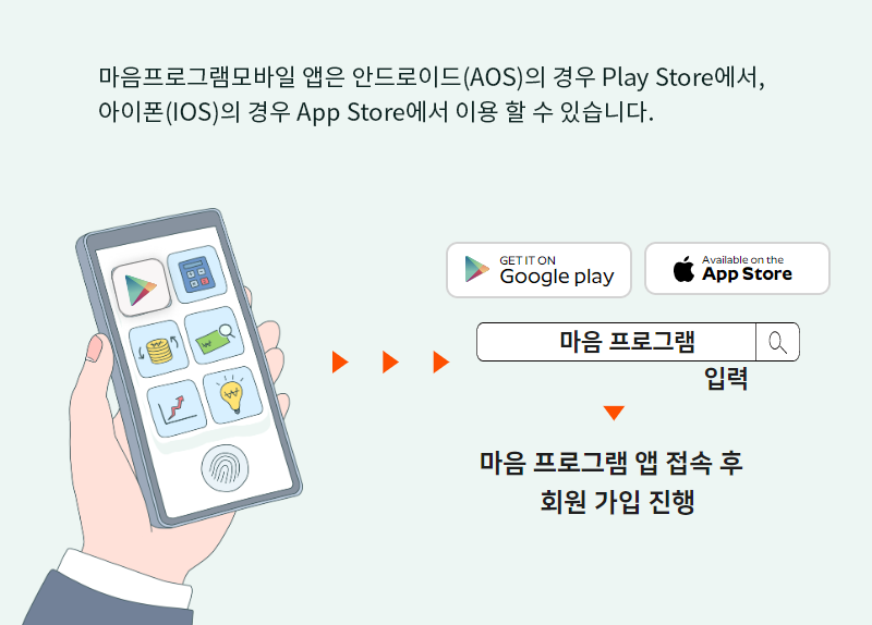 마음프로그램모바일 앱은 안드로이드(AOS)의 경우 Play Store에서, 아이폰(IOS)의 경우 App Store에서 이용 할 수 있습니다.