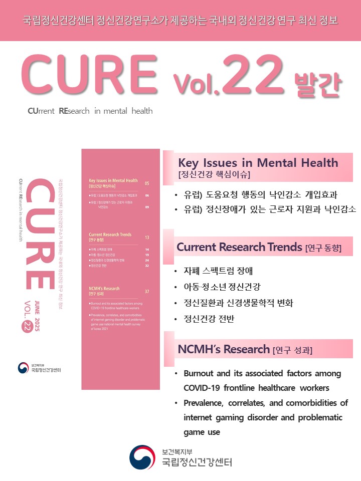 (이미지 설명) 하얀 바탕 상단에 위치한 분홍색 띠에 하얀색 글씨로 ‘국립정신건강센터 정신건강연구소가 제공하는 국내외 정신건강 연구 최신 정보’라고 작성되어 있다. 제목으로는 분홍색 글씨로 크게 ‘CURE vol.22 발간’이 쓰여 있으며, 그 밑에 검정색 글씨로 ‘CUrrent REsearch in mental health’가 작성되어 있다. 포스터 중반에는 분홍색으로 이루어진 CURE 책 표지와 파트별 제목, 연구성과 논문 리스트가 나열되어 있다. 포스터 맨 하단의 정가운데에 국립정신건강센터 로고가 자리하고 있다. [출처] 정신건강연구 최신 정보 CURE(CUrrent REsearch in mental health) vol.22 발간|작성자 국립정신건강센터  (대체텍스트) 국립정신건강센터 정신건강연구소가 제공하는 국내외 정신건강 연구 최신 정보 CURE(CUrrent REsearch in mental health) vol.22 발간  Key Issues in Mental Health [정신건강 핵심이슈] ‘유럽) 도움요청 행동의 낙인감소 개입효과’ ‘유럽) 정신장애가 있는 근로자 지원과 낙인감소’  Current Research Trends [연구 동향] 자폐 스펙트럼 장애 아동·청소년 정신건강 정신질환과 신경생물학적 변화 정신건강 전반  NCMH’s Research [연구 성과] Burnout and its associated factors among COVID-19 frontline healthcare workers Prevalence, correlates, and comorbidities of internet gaming disorder and problematic game use:national mental health survey of korea 2021